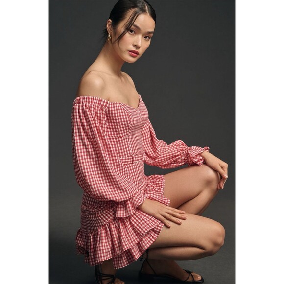 Anthropologie Maeve Mini Dress Red Off The Shoulder Ruffle Sexy Retro Size 6 NWT - Picture 5 of 13